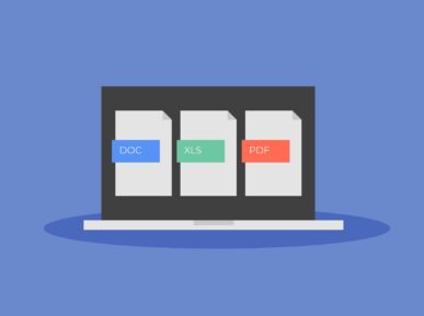 Grafika przedstawia na niebieskim tle trzy symbole formatów dokument ow PDF, DOC i XLS. Jest nawiązanie do pojęcia Dostępność Cyfrowa