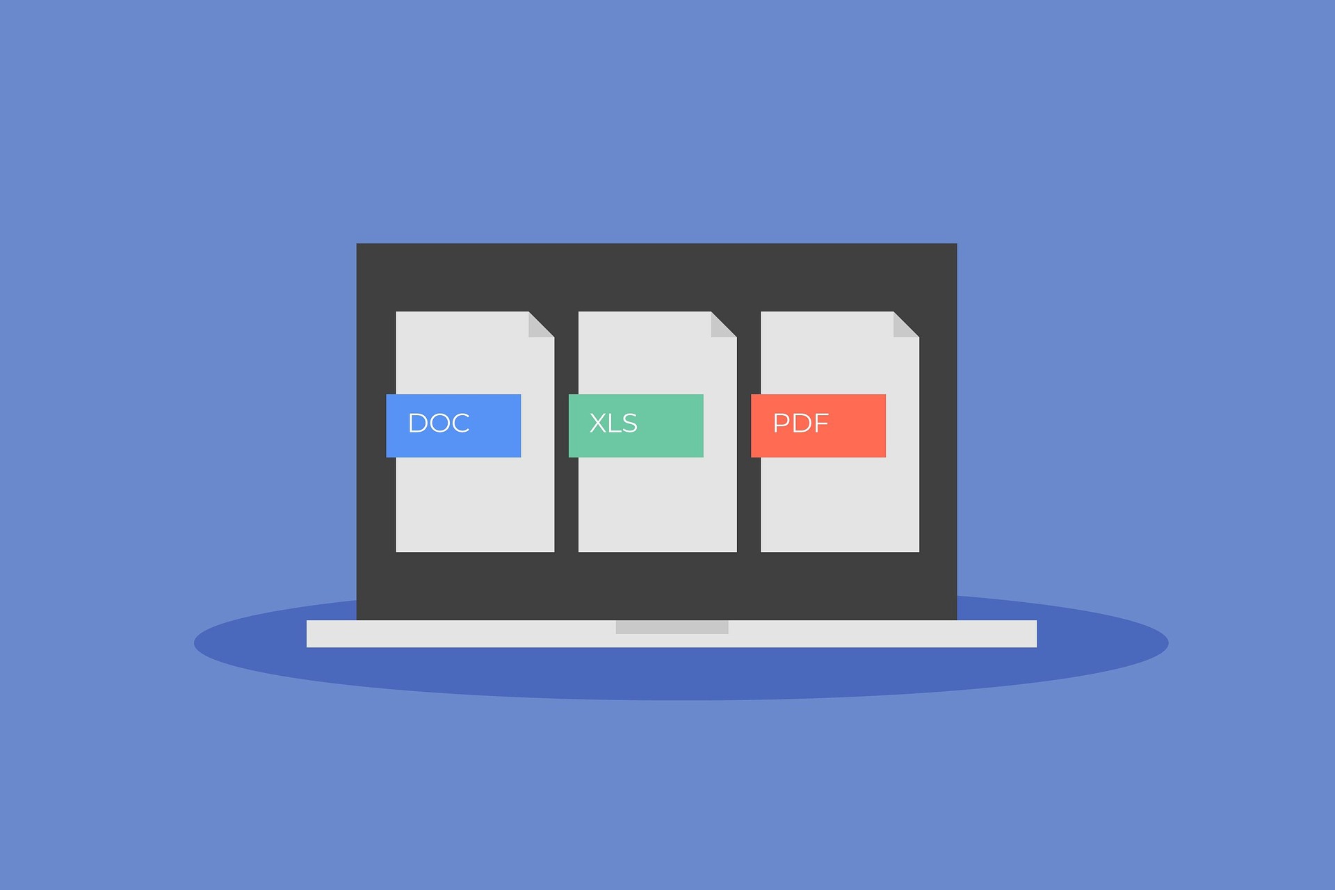 Grafika przedstawia na niebieskim tle trzy symbole formatów dokument ow PDF, DOC i XLS. Jest nawiązanie do pojęcia Dostępność Cyfrowa