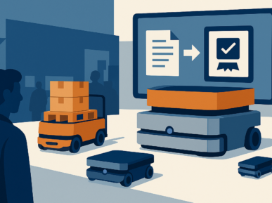Grafika ilustruje robotykę i automatykę w procesach logistycznych. Na tle ekranu wózki transportowe i widłowe. Nawiązanie do elektroniczny obieg dokumentów