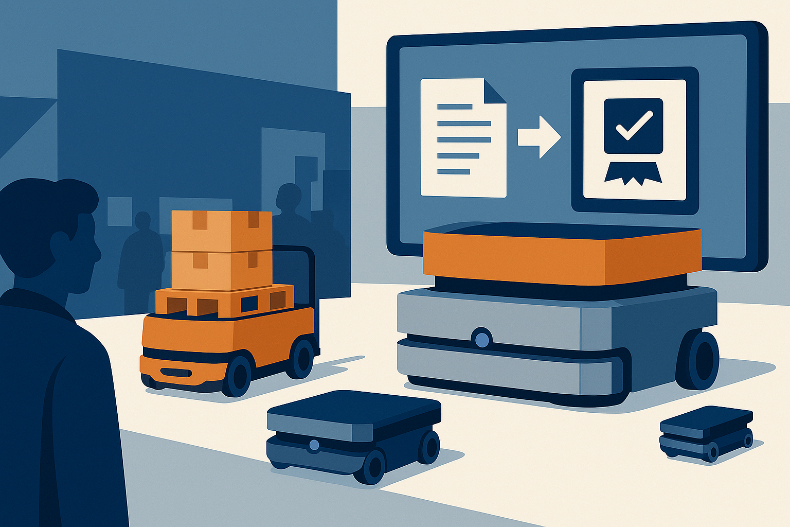 Grafika ilustruje robotykę i automatykę w procesach logistycznych. Na tle ekranu wózki transportowe i widłowe. Nawiązanie do elektroniczny obieg dokumentów