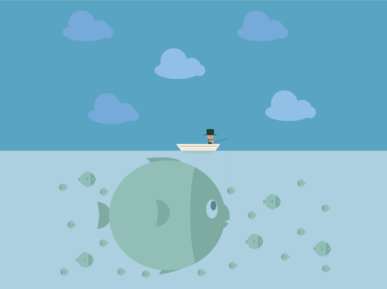 grafika ,rysunek symbolizuje odpoczynek. Wędkarz w łódce a pod nim w wodzie ogromna ryba.